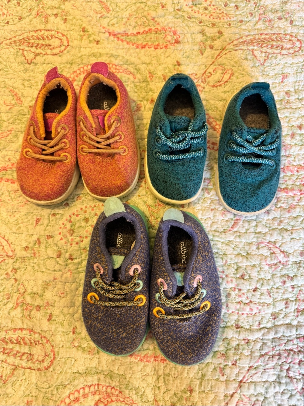 allbirds Kids Wool Sneakers Trio — Pink/Orange, Teal, blue/aqua Mix - size 5T
